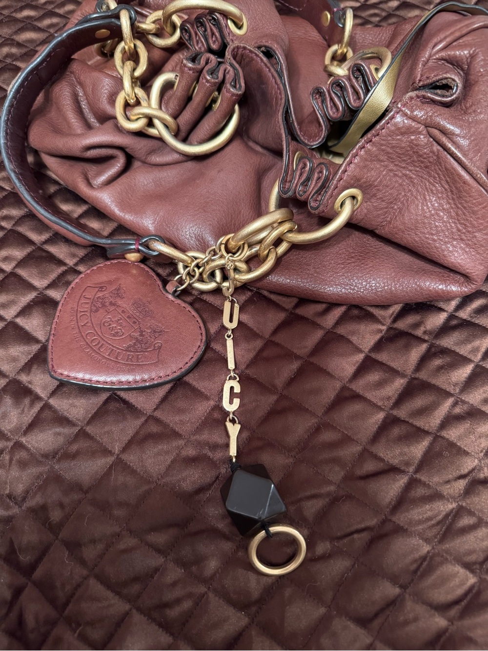 Vintage Juicy Coture Brown Leather Chain-Handle Women's Hobo Shoulder Bag - Picture 10 of 14